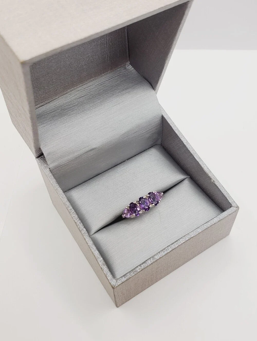 Oval & Trillion Genuine Purple Amethyst Five Stone Ring In 925 Sterling Silver